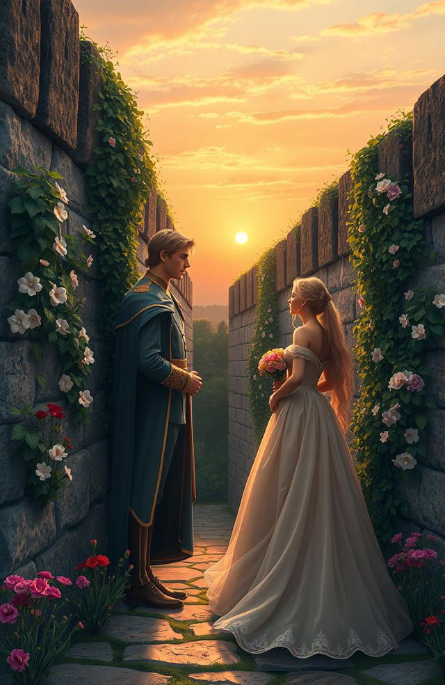 A romantic scene depicting a prince and princess deeply in love, separated by tall, imposing walls representing borders, with lush greenery and delicate flowers blooming on both sides