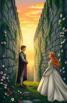 A romantic scene depicting a prince and princess deeply in love, separated by tall, imposing walls representing borders, with lush greenery and delicate flowers blooming on both sides