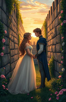 A romantic scene depicting a prince and princess deeply in love, separated by tall, imposing walls representing borders, with lush greenery and delicate flowers blooming on both sides