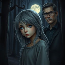 A realistic portrayal of a sad adolescent girl with striking gray hair and deep blue eyes, standing alone in a dark forest illuminated by the soft glow of a full moon