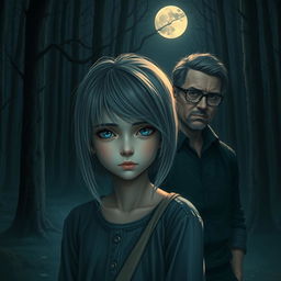 A realistic portrayal of a sad adolescent girl with striking gray hair and deep blue eyes, standing alone in a dark forest illuminated by the soft glow of a full moon