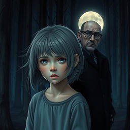 A realistic portrayal of a sad adolescent girl with striking gray hair and deep blue eyes, standing alone in a dark forest illuminated by the soft glow of a full moon
