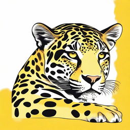 An illustrative depiction of a jaguar lounging in a side profile view, its spots well depicted, using a color palette of yellow, orange, and black; closely mimicking the hues of a real Jaguar