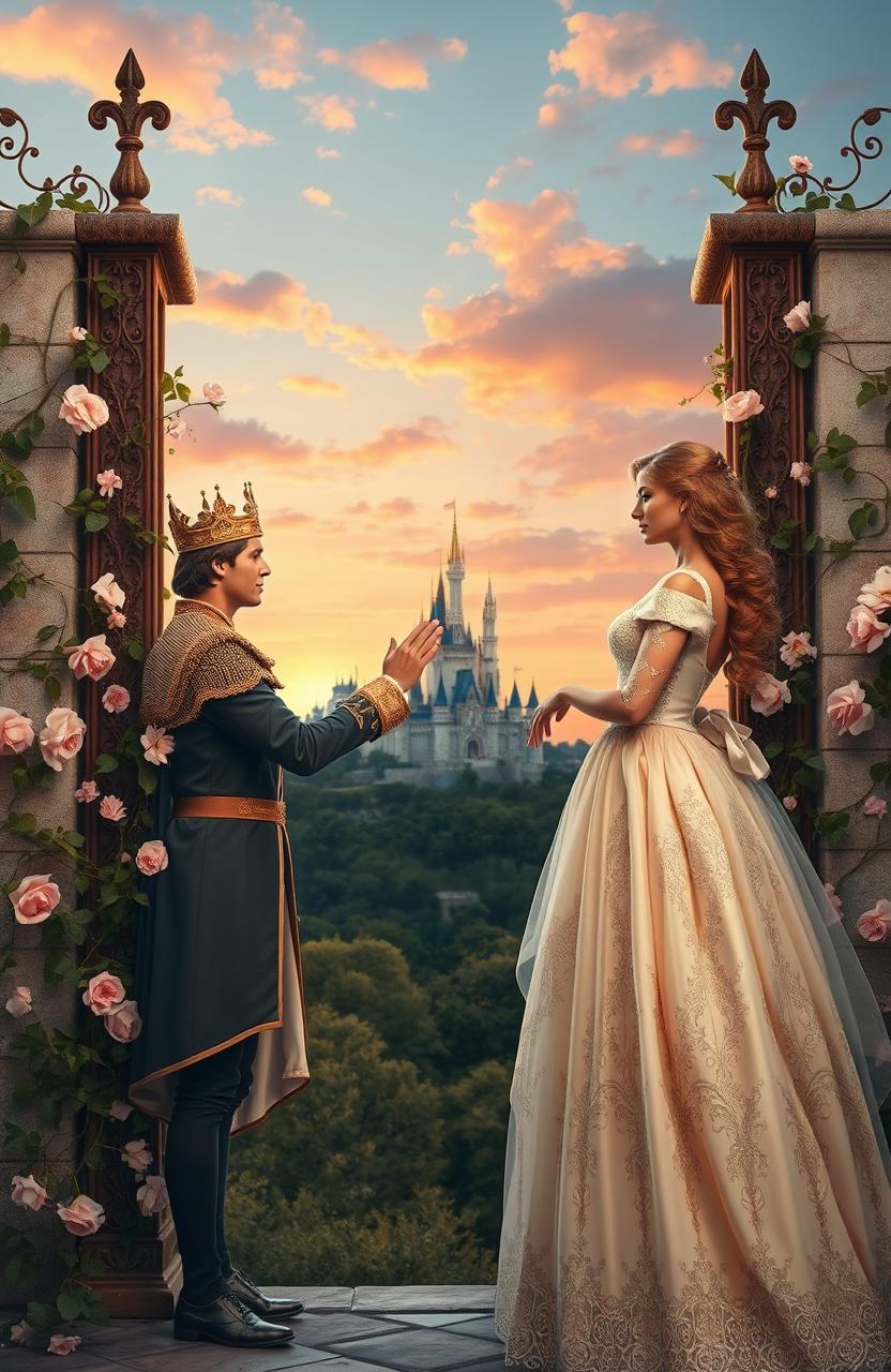 A romantic scene depicting a prince and princess in love, standing on either side of a tall, ornate wall covered in vines and blooming flowers