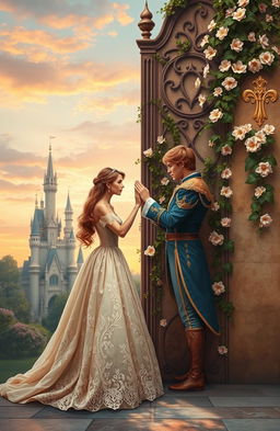 A romantic scene depicting a prince and princess in love, standing on either side of a tall, ornate wall covered in vines and blooming flowers