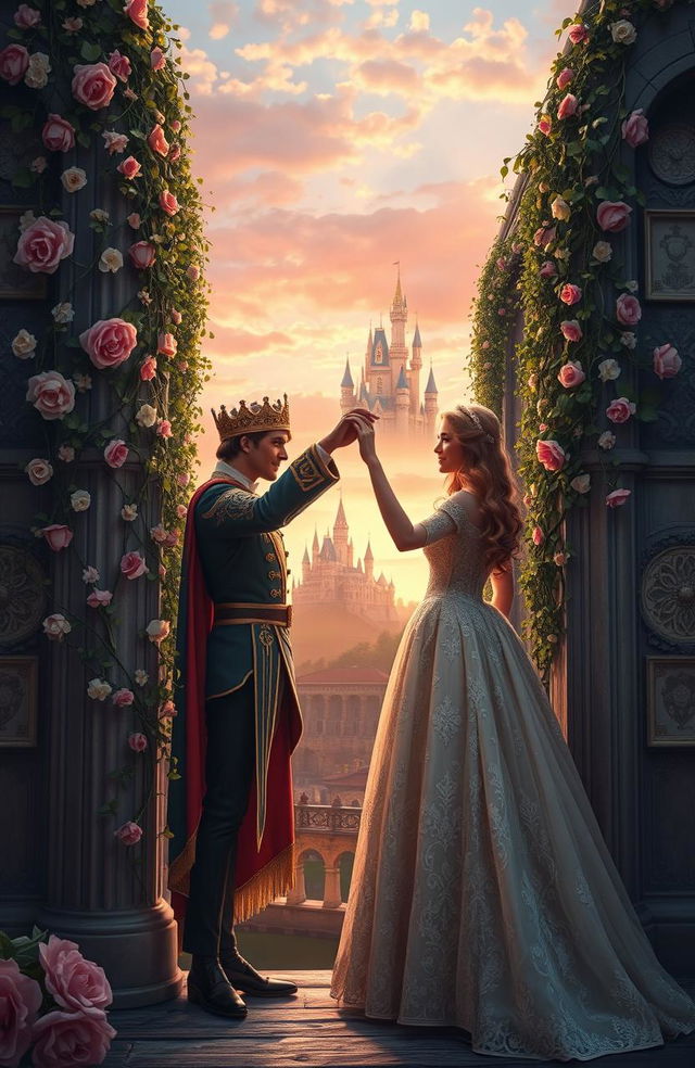 A romantic scene depicting a prince and princess in love, standing on either side of a tall, ornate wall covered in vines and blooming flowers