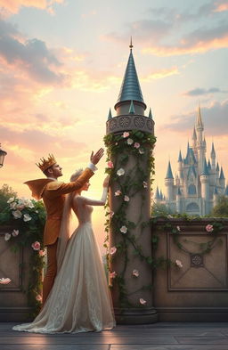 A romantic scene depicting a prince and princess in love, standing on either side of a tall, ornate wall covered in vines and blooming flowers