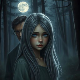 A realistic portrayal of a teenage girl with long gray hair and deep blue eyes, standing in a tranquil forest under the soft illumination of a full moon