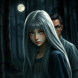 A realistic portrayal of a teenage girl with long gray hair and deep blue eyes, standing in a tranquil forest under the soft illumination of a full moon