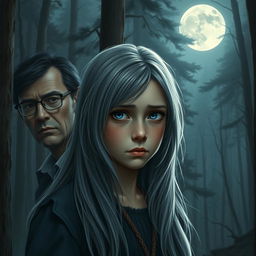 A realistic portrayal of a teenage girl with long gray hair and deep blue eyes, standing in a tranquil forest under the soft illumination of a full moon