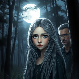 A realistic portrayal of a teenage girl with long gray hair and deep blue eyes, standing in a tranquil forest under the soft illumination of a full moon