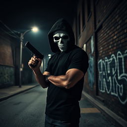 A tense scene featuring a man in a black t-shirt and a hood, his face concealed by a striking white skull mask