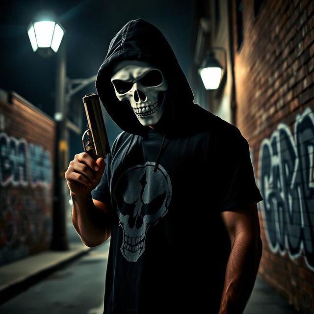 A tense scene featuring a man in a black t-shirt and a hood, his face concealed by a striking white skull mask