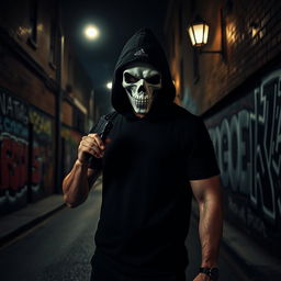 A tense scene featuring a man in a black t-shirt and a hood, his face concealed by a striking white skull mask