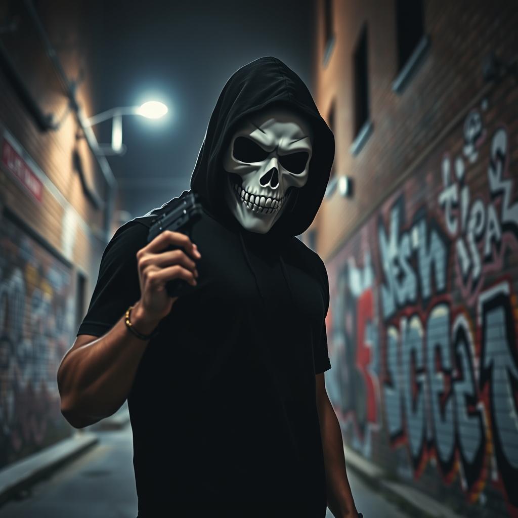 A tense scene featuring a man in a black t-shirt and a hood, his face concealed by a striking white skull mask