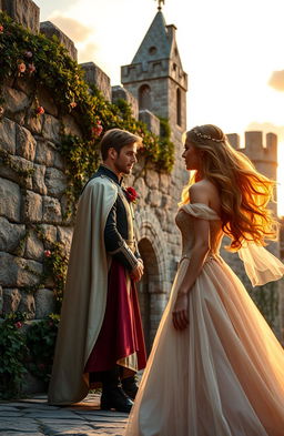 A prince and princess in love, yearning for each other, standing on either side of an ornate medieval stone wall, beautifully adorned with ivy and flowers
