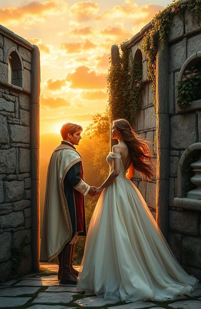 A prince and princess in love, yearning for each other, standing on either side of an ornate medieval stone wall, beautifully adorned with ivy and flowers