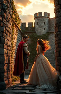 A prince and princess in love, yearning for each other, standing on either side of an ornate medieval stone wall, beautifully adorned with ivy and flowers