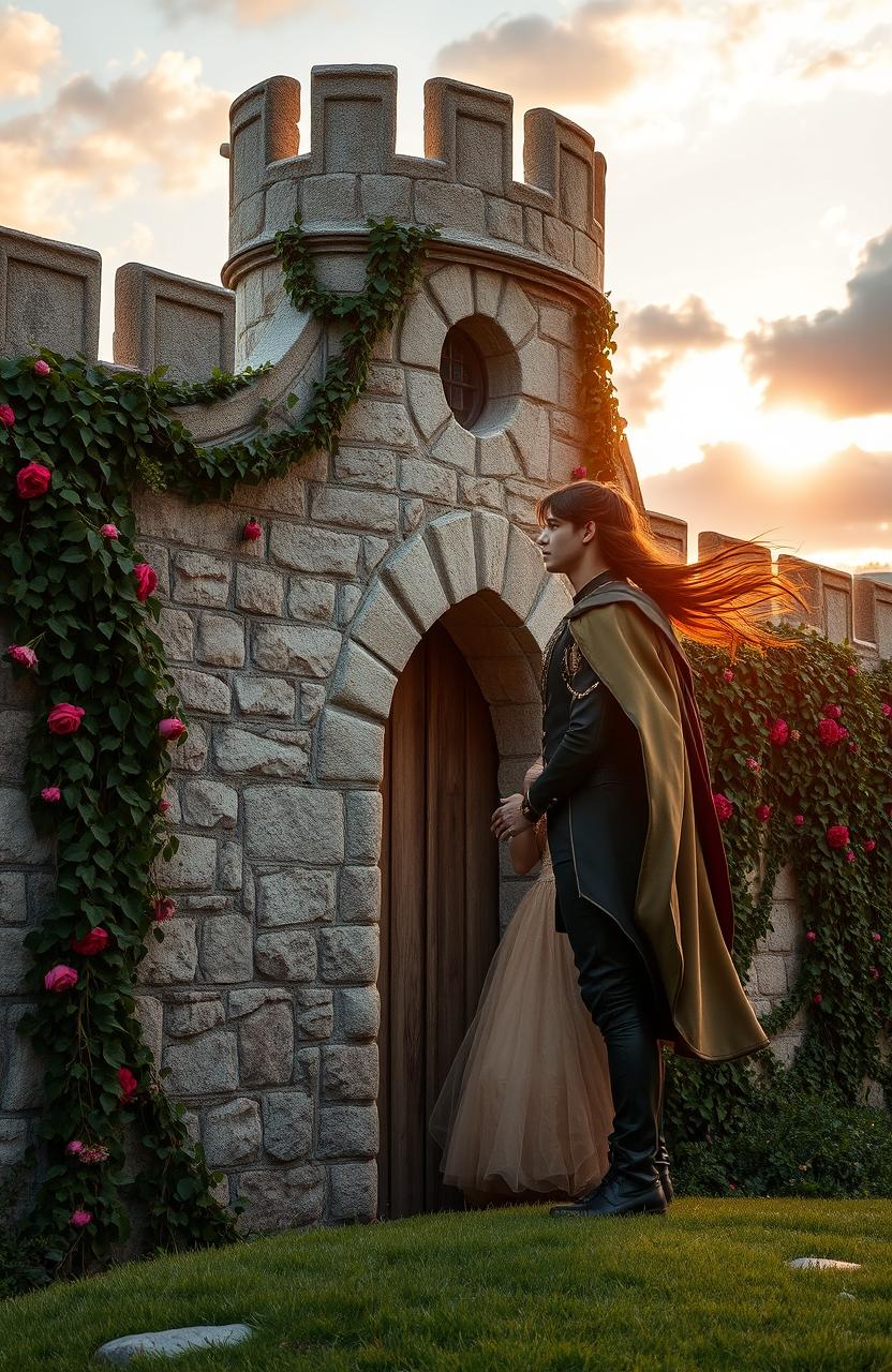 A prince and princess in love, yearning for each other, standing on either side of an ornate medieval stone wall, beautifully adorned with ivy and flowers