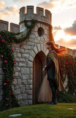 A prince and princess in love, yearning for each other, standing on either side of an ornate medieval stone wall, beautifully adorned with ivy and flowers