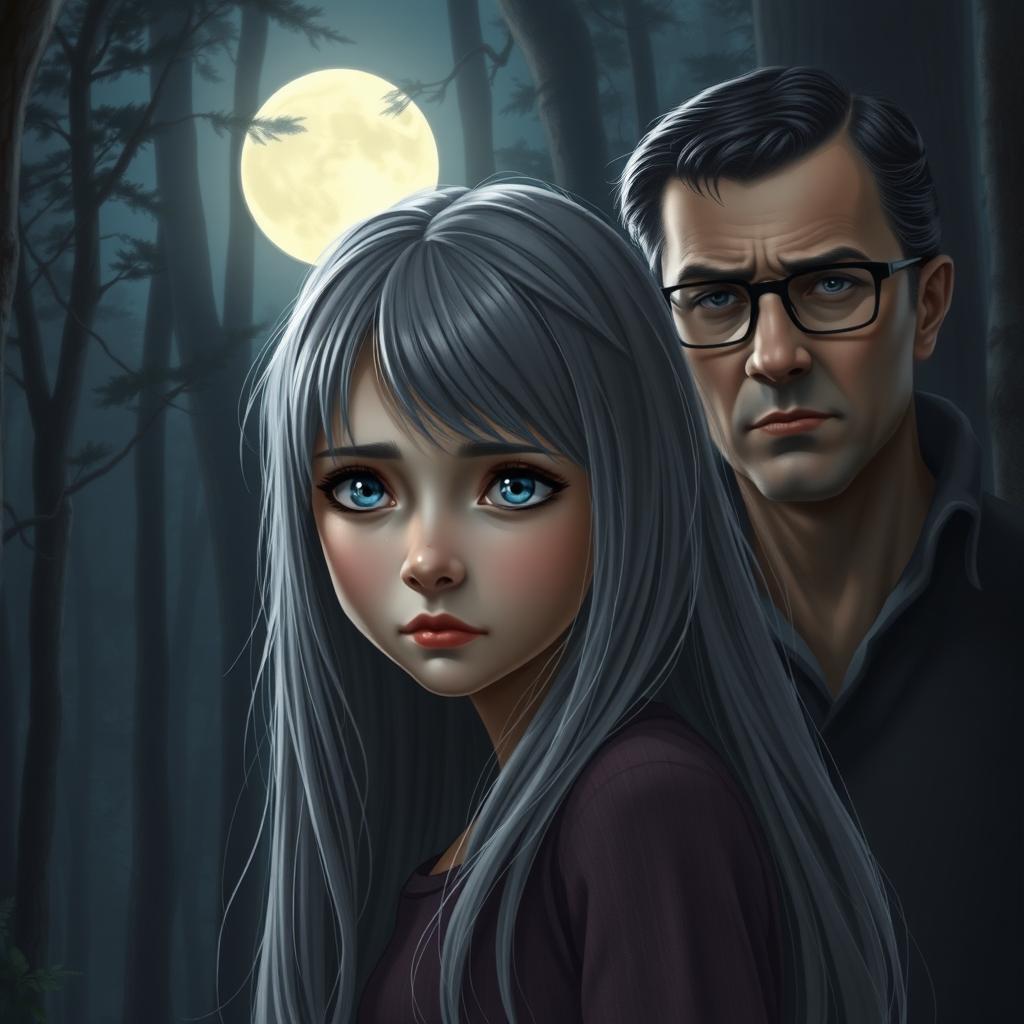 A realistic portrayal of a teenage girl with long gray hair and deep blue eyes, displaying a sad expression while standing in a quiet forest under the glow of a full moon