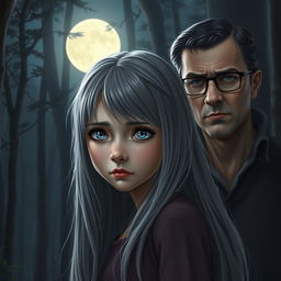 A realistic portrayal of a teenage girl with long gray hair and deep blue eyes, displaying a sad expression while standing in a quiet forest under the glow of a full moon