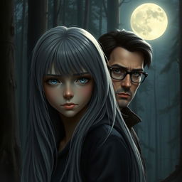 A realistic portrayal of a teenage girl with long gray hair and deep blue eyes, displaying a sad expression while standing in a quiet forest under the glow of a full moon