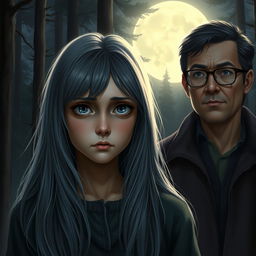 A realistic portrayal of a teenage girl with long gray hair and deep blue eyes, displaying a sad expression while standing in a quiet forest under the glow of a full moon