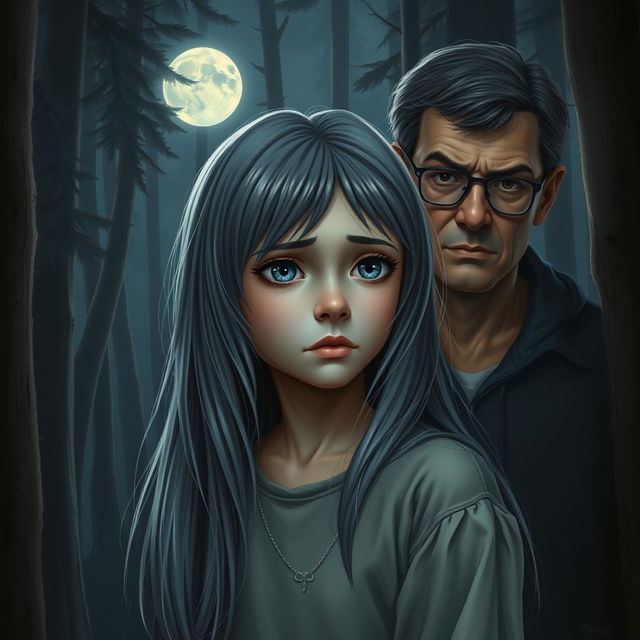 A realistic portrayal of a teenage girl with long gray hair and deep blue eyes, displaying a sad expression while standing in a quiet forest under the glow of a full moon