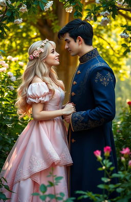 A romantic scene depicting a handsome prince and a beautiful princess in a secret relationship, surrounded by lush greenery in a secluded garden