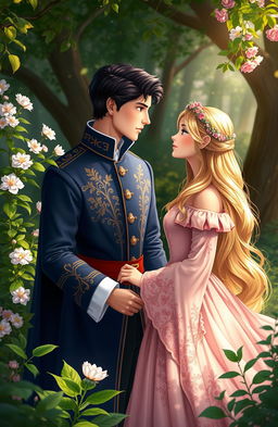 A romantic scene depicting a handsome prince and a beautiful princess in a secret relationship, surrounded by lush greenery in a secluded garden