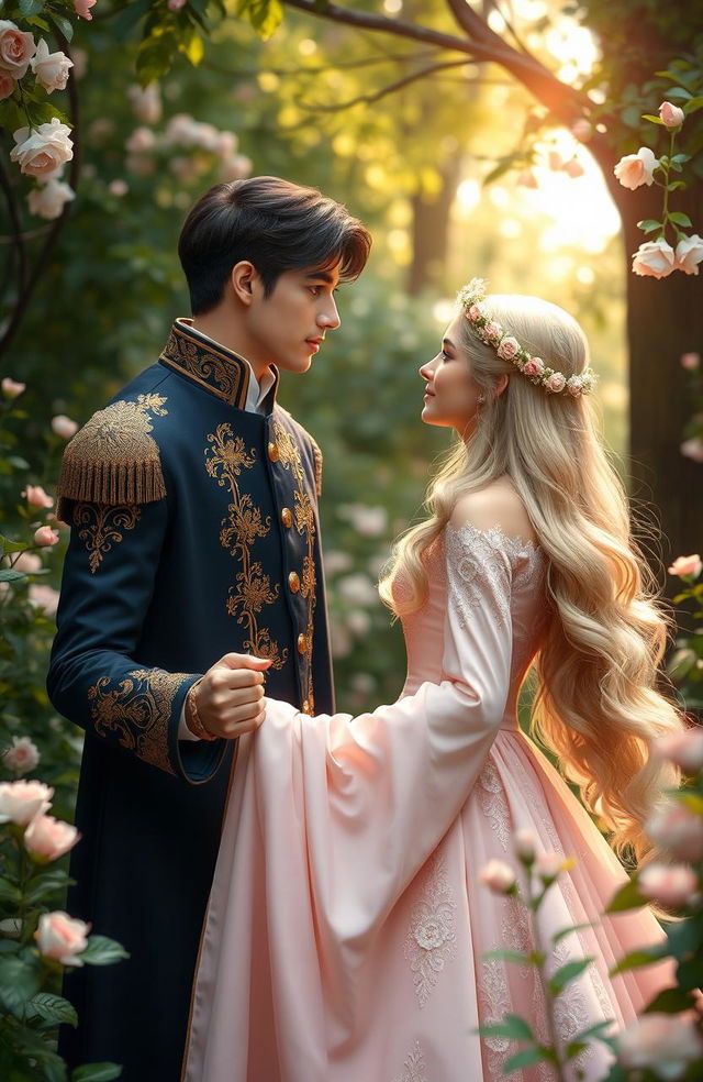 A romantic scene depicting a handsome prince and a beautiful princess in a secret relationship, surrounded by lush greenery in a secluded garden