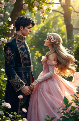 A romantic scene depicting a handsome prince and a beautiful princess in a secret relationship, surrounded by lush greenery in a secluded garden