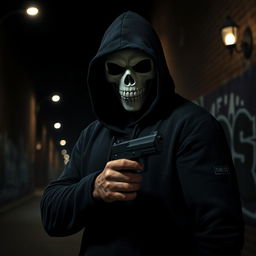An intense scene featuring a man in a black hood, his face concealed by a menacing white skull mask