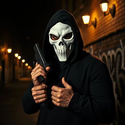 An intense scene featuring a man in a black hood, his face concealed by a menacing white skull mask