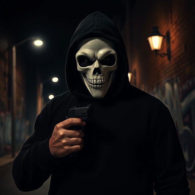 An intense scene featuring a man in a black hood, his face concealed by a menacing white skull mask