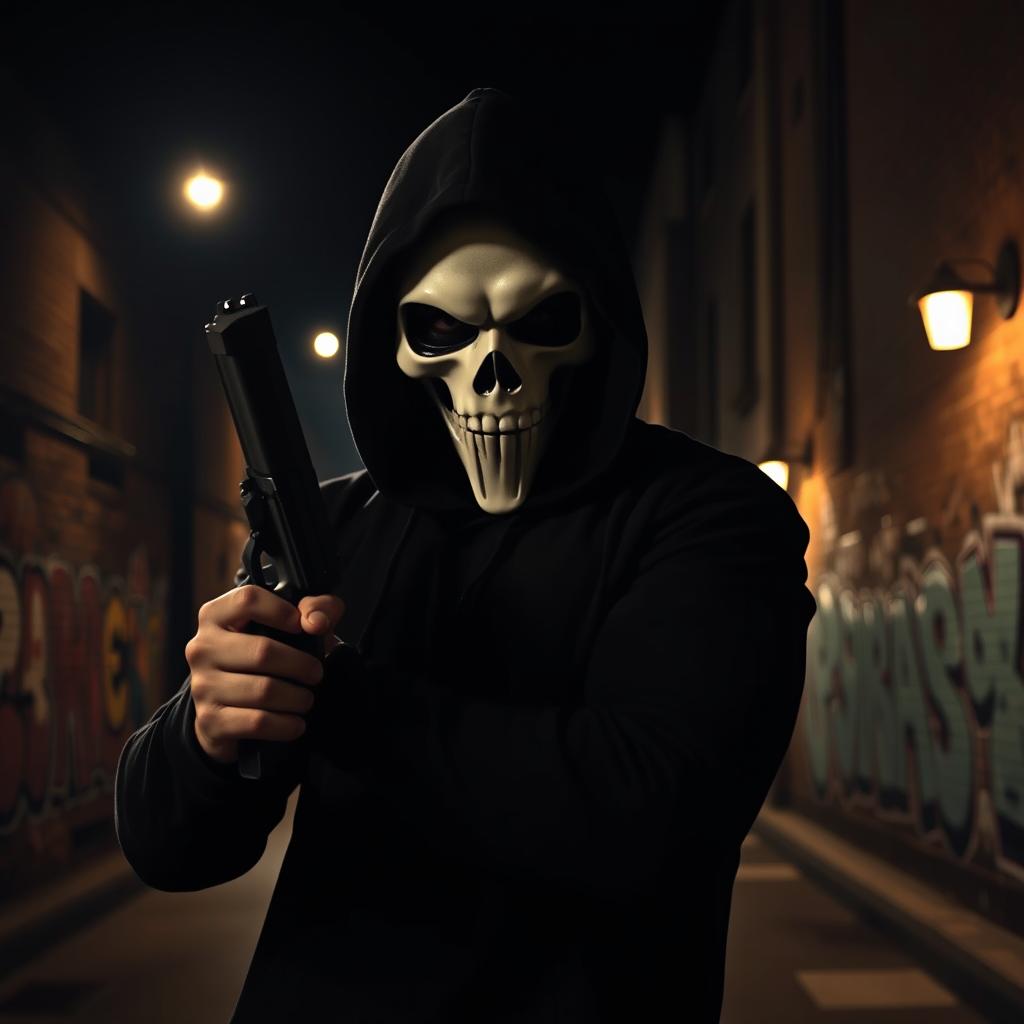 An intense scene featuring a man in a black hood, his face concealed by a menacing white skull mask