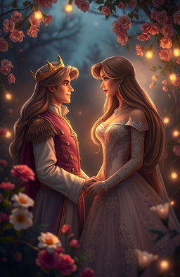 A romantic scene depicting a prince and princess engaged in a secret relationship