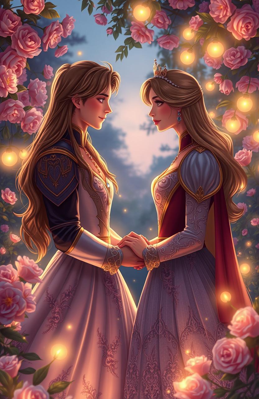 A romantic scene depicting a prince and princess engaged in a secret relationship