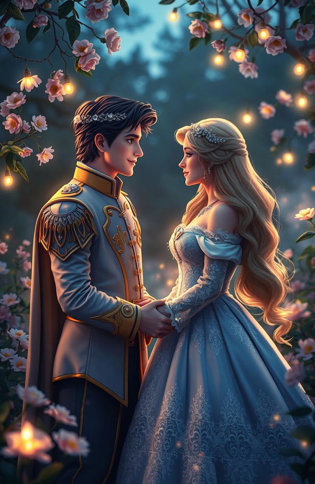 A romantic scene depicting a prince and princess engaged in a secret relationship