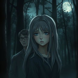 A realistic depiction of an adolescent girl with long gray hair and sad blue eyes, standing in a serene forest under the moonlight