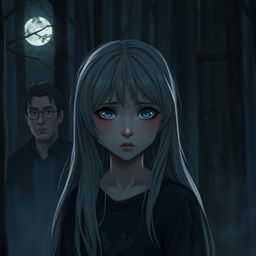 A realistic depiction of an adolescent girl with long gray hair and sad blue eyes, standing in a serene forest under the moonlight