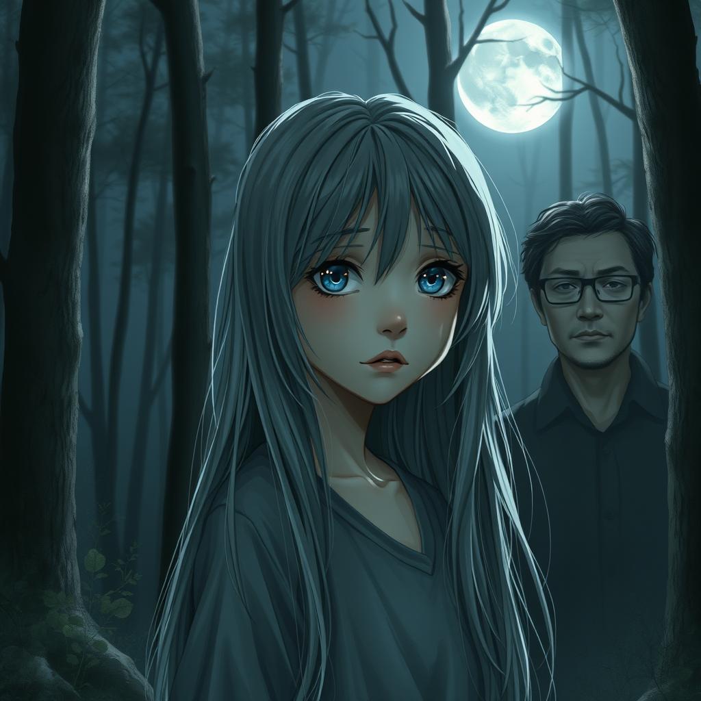 A realistic depiction of an adolescent girl with long gray hair and sad blue eyes, standing in a serene forest under the moonlight