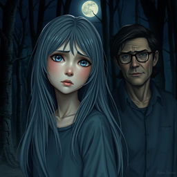 A realistic depiction of an adolescent girl with long gray hair and sad blue eyes, standing in a serene forest under the moonlight