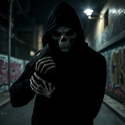 An intense and captivating scene featuring a man dressed in a black hood, his face obscured by a striking white skull mask