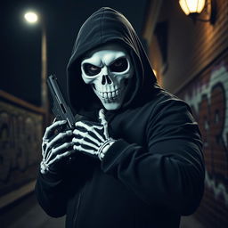An intense and captivating scene featuring a man dressed in a black hood, his face obscured by a striking white skull mask