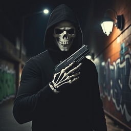 An intense and captivating scene featuring a man dressed in a black hood, his face obscured by a striking white skull mask