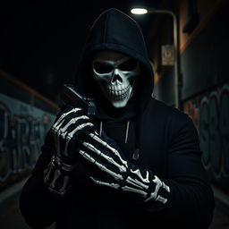 An intense and captivating scene featuring a man dressed in a black hood, his face obscured by a striking white skull mask