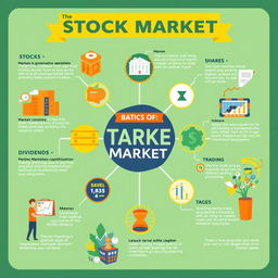 An educational infographic on the basics of the stock market, featuring key concepts such as stocks, shares, dividends, market capitalization, and trading