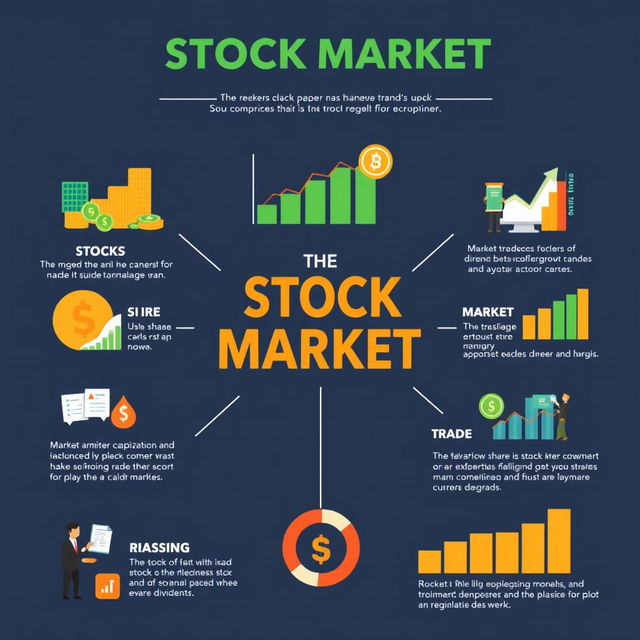 An educational infographic on the basics of the stock market, featuring key concepts such as stocks, shares, dividends, market capitalization, and trading